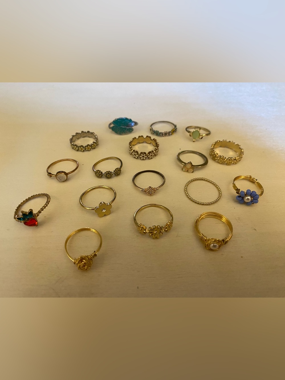 Gold and Multicolor Floral Stackable Rings Set - 17 pieces